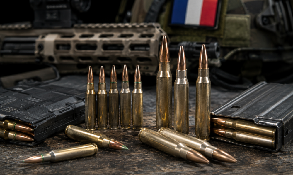 Cartouches de 5,56 et 7,62 mm devant un fusil et un drapeau français