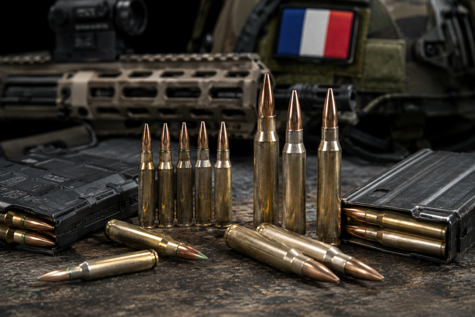 Cartouches de 5,56 et 7,62 mm devant un fusil et un drapeau français
