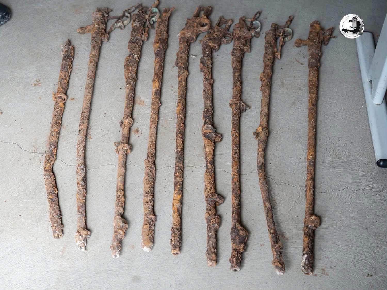 Les neuf fusils anciens corrodés alignés au sol après leur exhumation