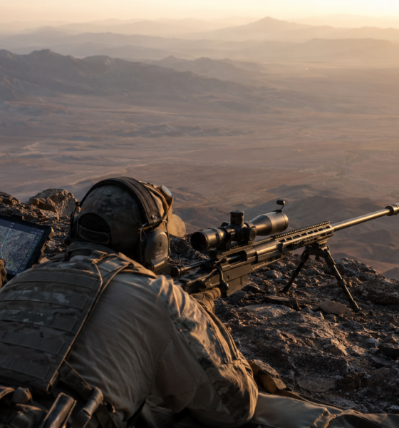 Deux tireurs d'élite en position de tir longue distance au crépuscule, l'un consultant une tablette