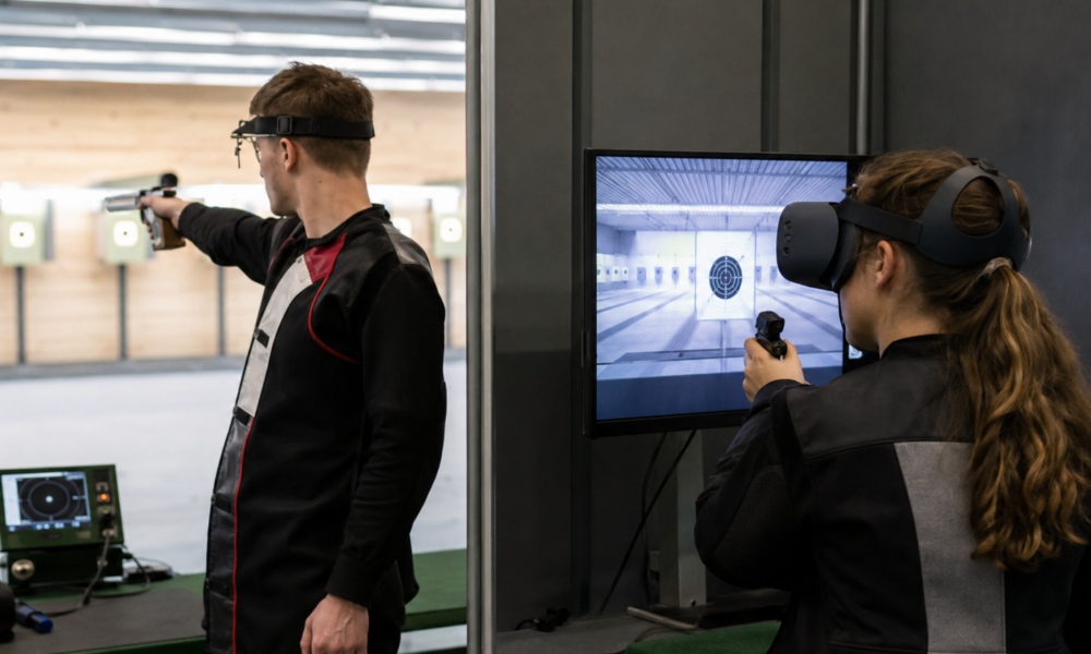 Un tireur au pistolet à côté d'une personne équipée d'un casque de réalité virtuelle sur un pas de tir