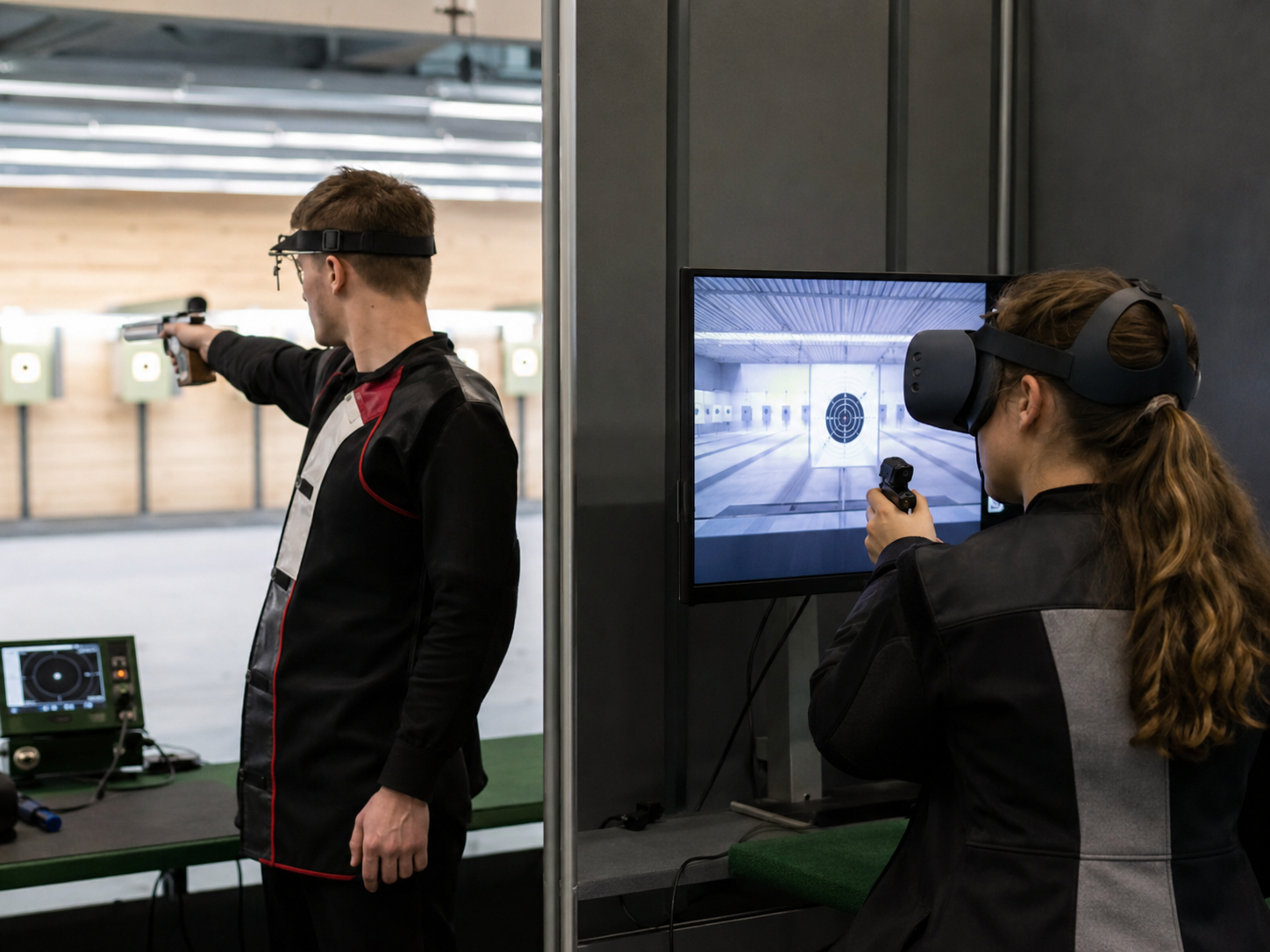 Un tireur au pistolet à côté d'une personne équipée d'un casque de réalité virtuelle sur un pas de tir