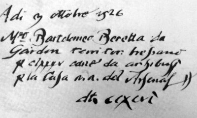 Reçu daté du 3 octobre 1526 par lequel Bartolomeo Beretta livre des canons d'arquebuse à l'Arsenal de Venise