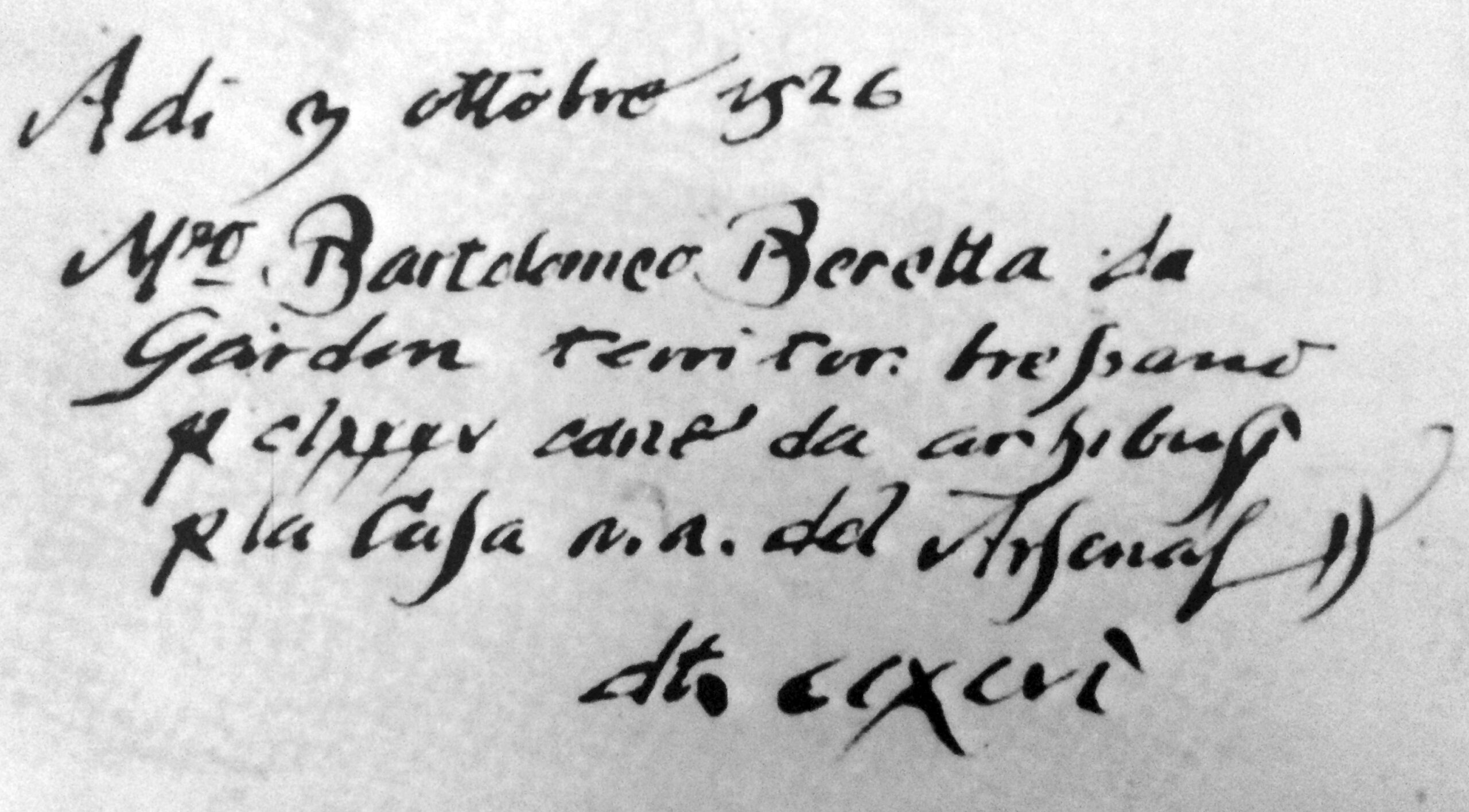 Reçu daté du 3 octobre 1526 par lequel Bartolomeo Beretta livre des canons d'arquebuse à l'Arsenal de Venise